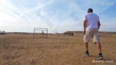 慢动作和斯坦尼康镜头，一个人在踢足球时，在度假村的户外运动